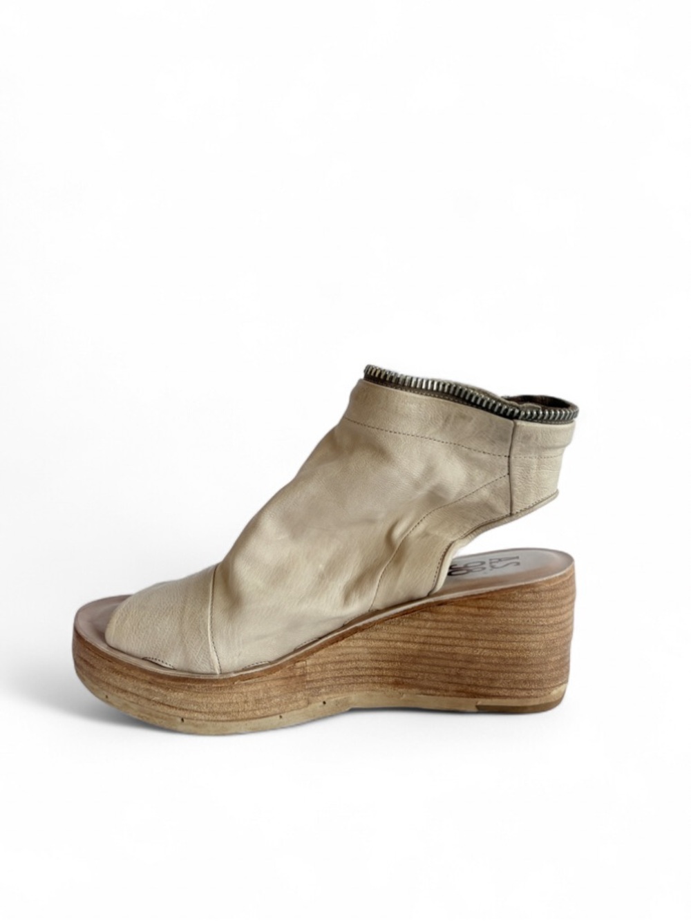 AS 98 Naylor Taupe Leather Peep-Toe Wedge Sandals with Side Zip - Picture 5 of 7
